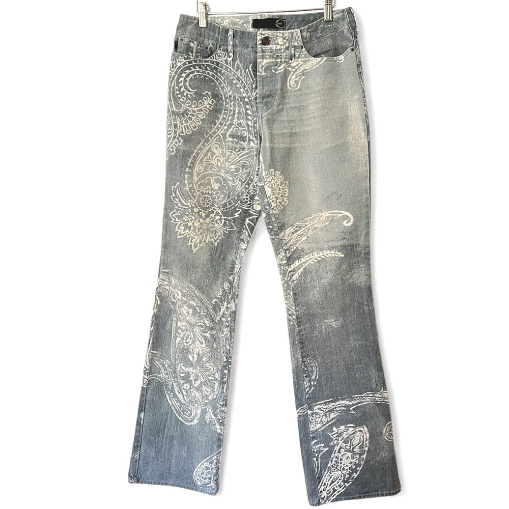 Just Cavalli light blue denim jeans with slightly embossed white paisley print